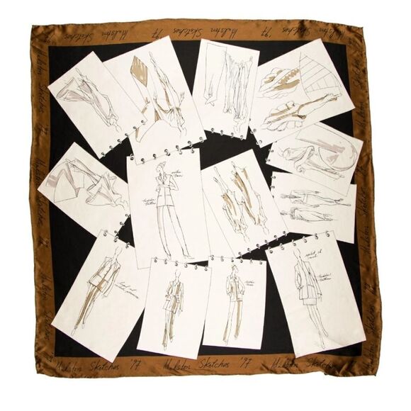 VINTAGE 90s Halston sketches 1997 silk hand rolled edges brown large scarf 32x32 - Picture 1 of 10